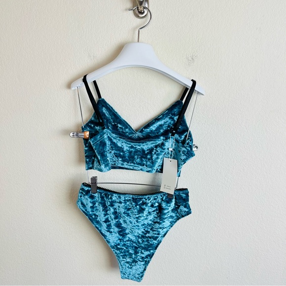 NWT Teal & Black Crushed Velvet Bow Longline Cami & Panty Sleep Lingerie Set - Picture 6 of 9